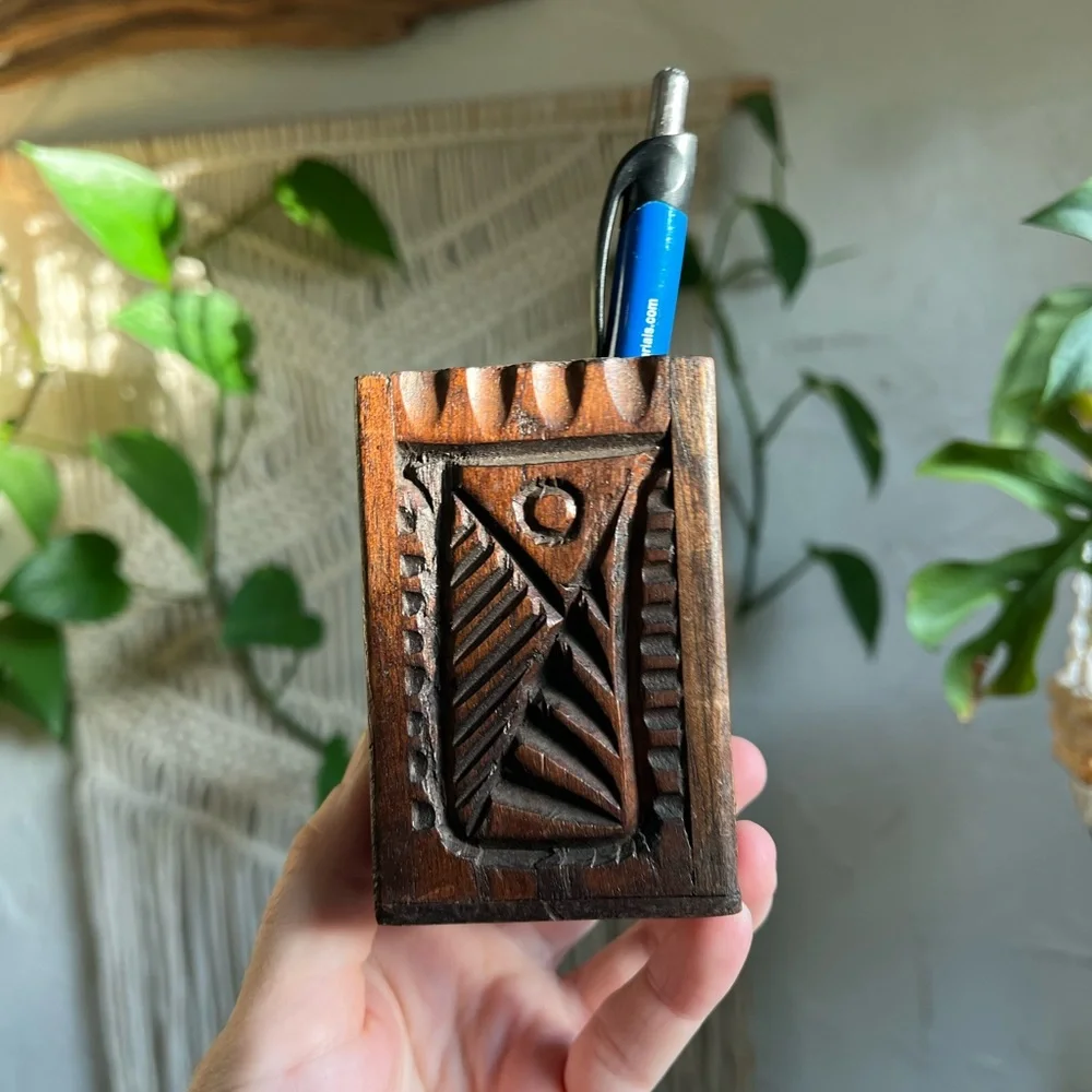 Vintage Hand-Carved Wooden Pen Holder | Boho Rustic Desk Organizer Artisan Wood